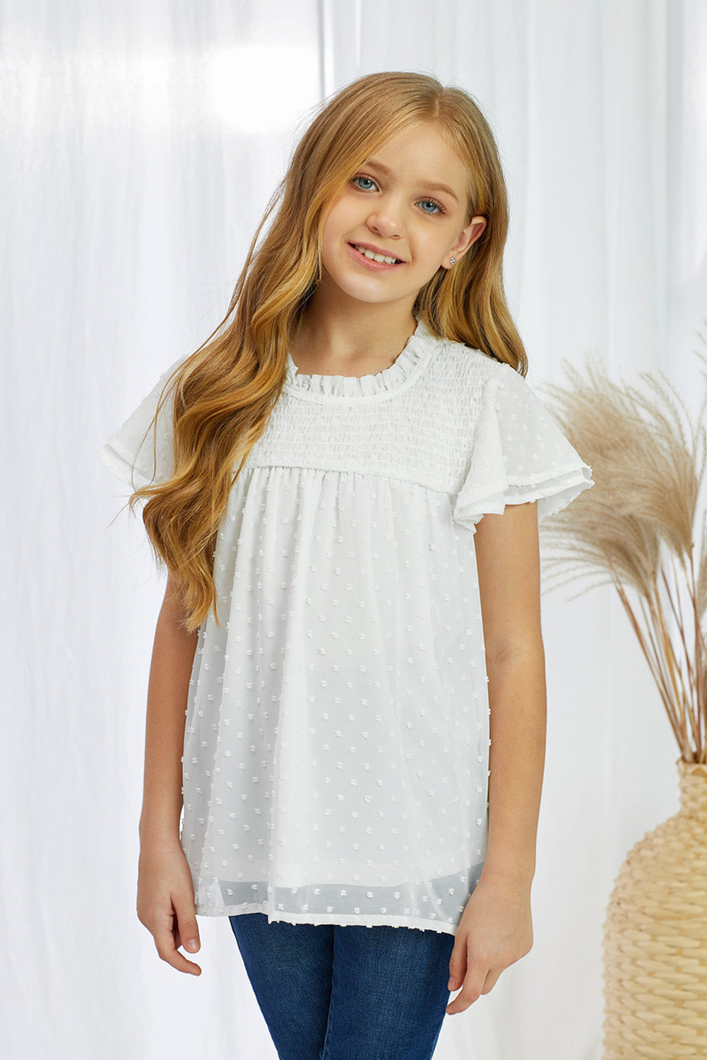 Girls Swiss Dot Smocked Flutter Sleeve Blouse White 4Y-5Y by Trendsi | Fleurcouture