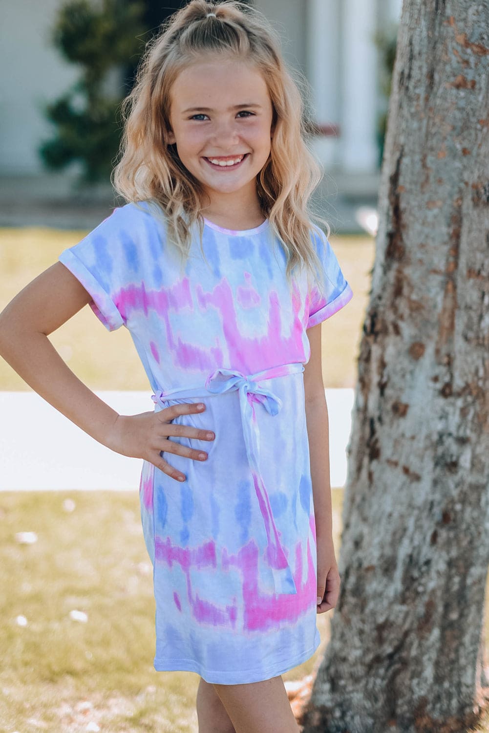 Girls Tie-Dye Belted T-Shirt Dress Multi by Trendsi | Fleurcouture