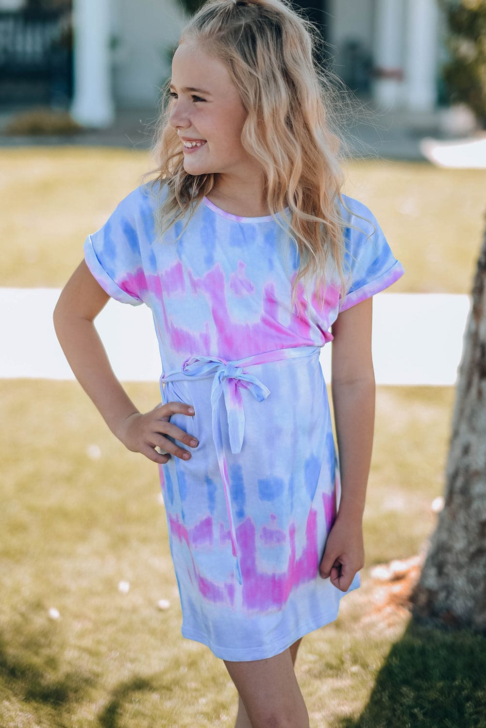 Girls Tie-Dye Belted T-Shirt Dress Multi by Trendsi | Fleurcouture