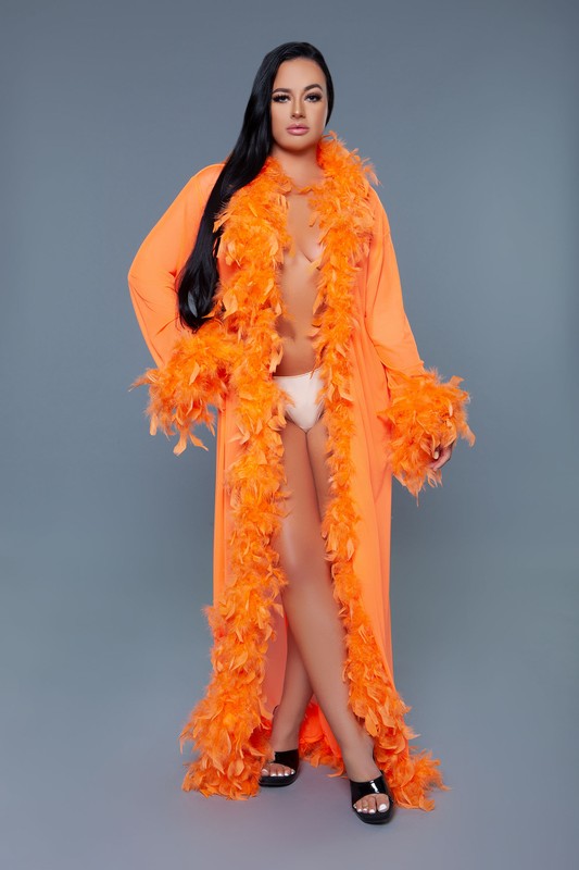 Glamour Boa Feather Trim Robe Neon Orange OS by BE WICKED | Fleurcouture