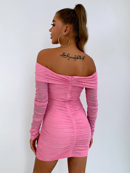 Glitter Ruched Off-Shoulder Long Sleeve Bodycon Dress by Trendsi | Fleurcouture