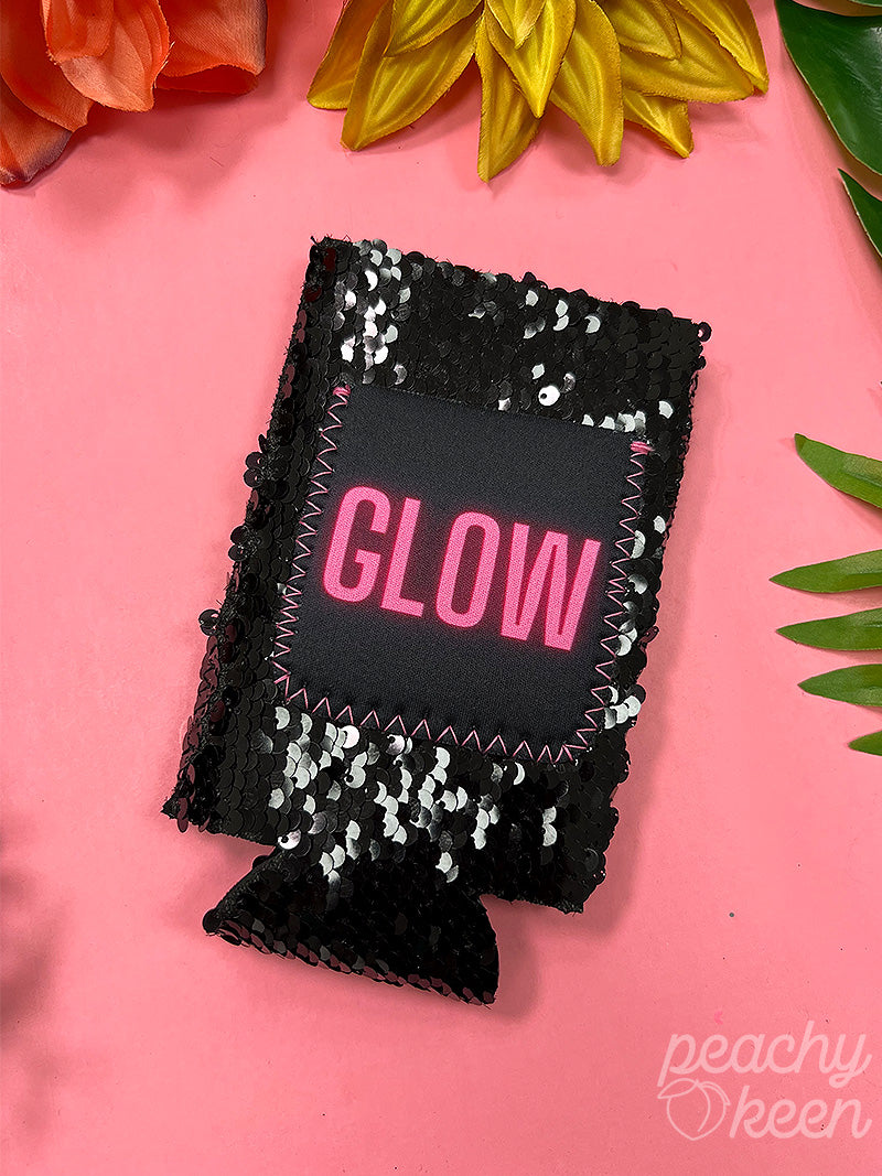 GLOW on Black Sequin Slim Can Cooler Black One Size Can Coolers by Southern Grace | Fleurcouture