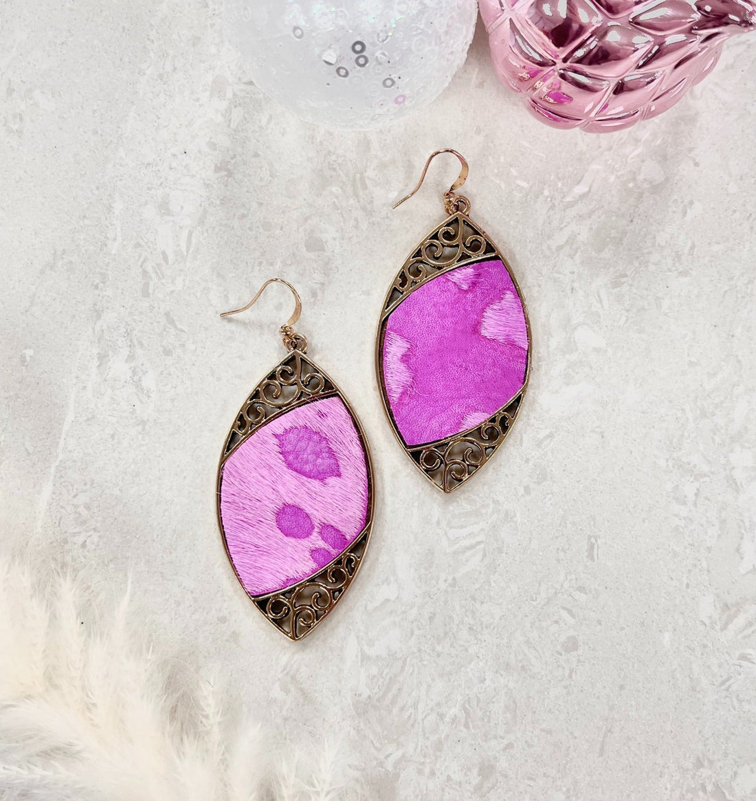 Gold Scroll and Fuchsia Drop Earrings Fuchsia One Size Earrings by Southern Grace | Fleurcouture