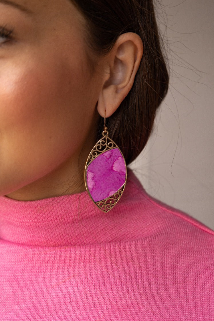 Gold Scroll and Fuchsia Drop Earrings Fuchsia One Size Earrings by Southern Grace | Fleurcouture