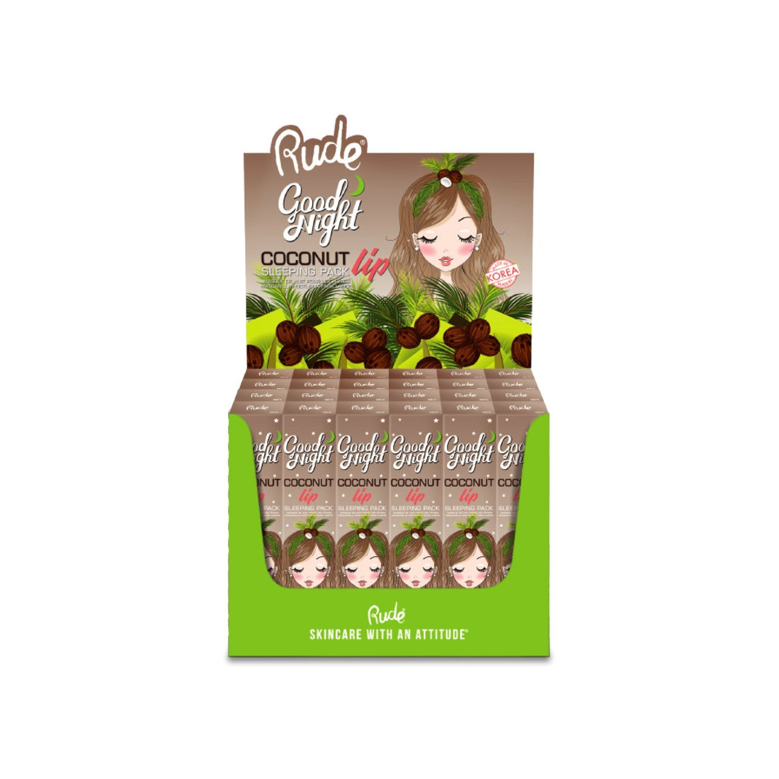 Good Night Coconut Lip Sleeping Pack Paper Display, 24pcs Wholesale Set by Rude Cosmetics | Fleurcouture