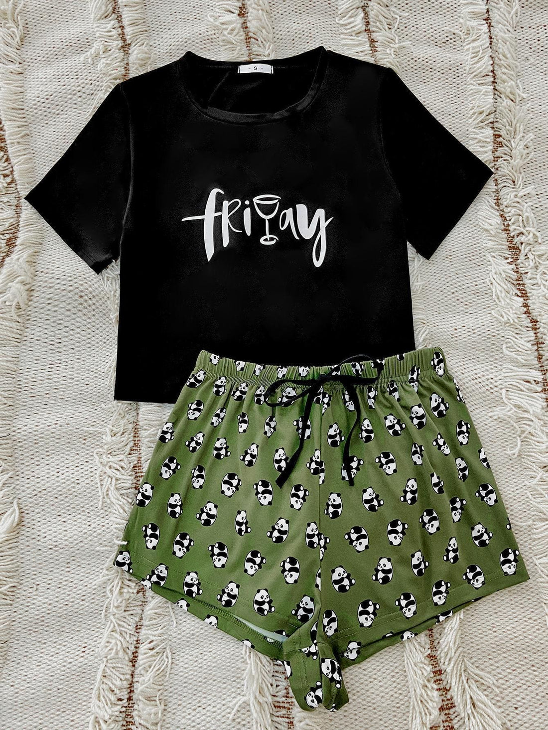 Graphic Tee and Panda Print Shorts Lounge Set Green S Loungewear by Trendsi | Fleurcouture