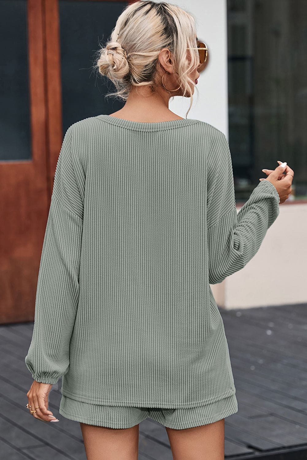 Grass Green Corded V Neck Slouchy Top Pocketed Shorts Set 75%Polyester+20%Viscose+5%Elastane Two Piece Sets by Fleurcouture | Fleurcouture