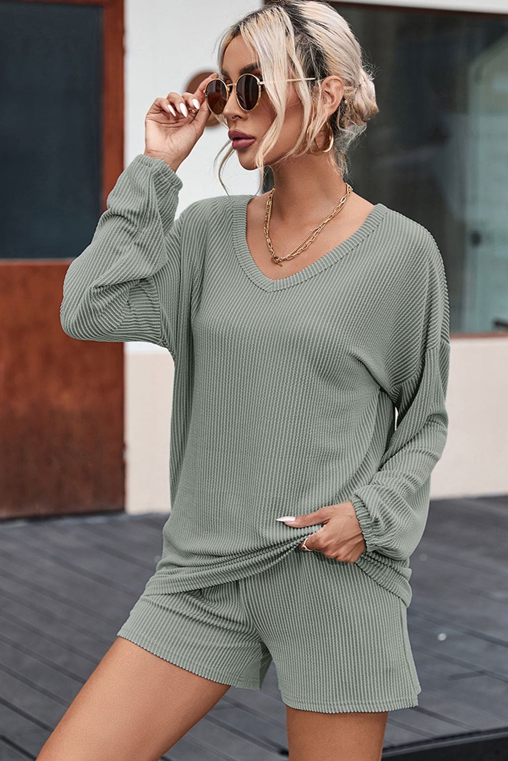 Grass Green Corded V Neck Slouchy Top Pocketed Shorts Set 75%Polyester+20%Viscose+5%Elastane Two Piece Sets by Fleurcouture | Fleurcouture