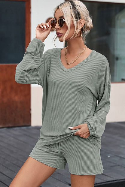 Grass Green Corded V Neck Slouchy Top Pocketed Shorts Set 75%Polyester+20%Viscose+5%Elastane Two Piece Sets by Fleurcouture | Fleurcouture
