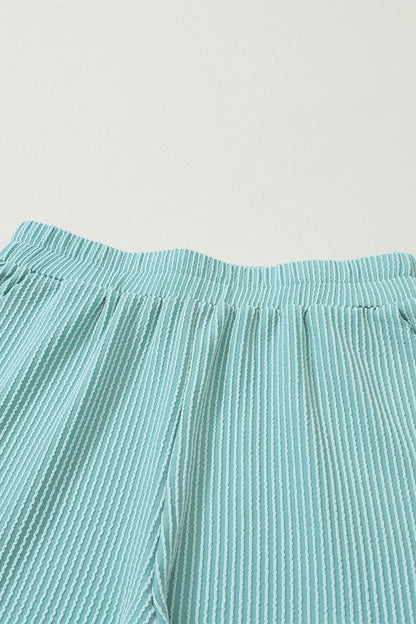 Grass Green Corded V Neck Slouchy Top Pocketed Shorts Set 75%Polyester+20%Viscose+5%Elastane Two Piece Sets by Fleurcouture | Fleurcouture