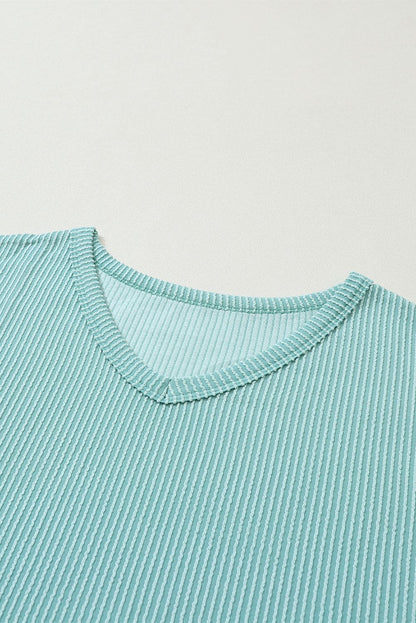 Grass Green Corded V Neck Slouchy Top Pocketed Shorts Set 75%Polyester+20%Viscose+5%Elastane Two Piece Sets by Fleurcouture | Fleurcouture