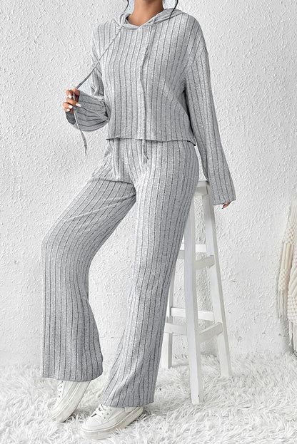 Gray Ribbed Knit Slouchy Hoodie Wide Leg Pants Set Gray 95%Polyester+5%Elastane Two Piece Sets by Fleurcouture | Fleurcouture