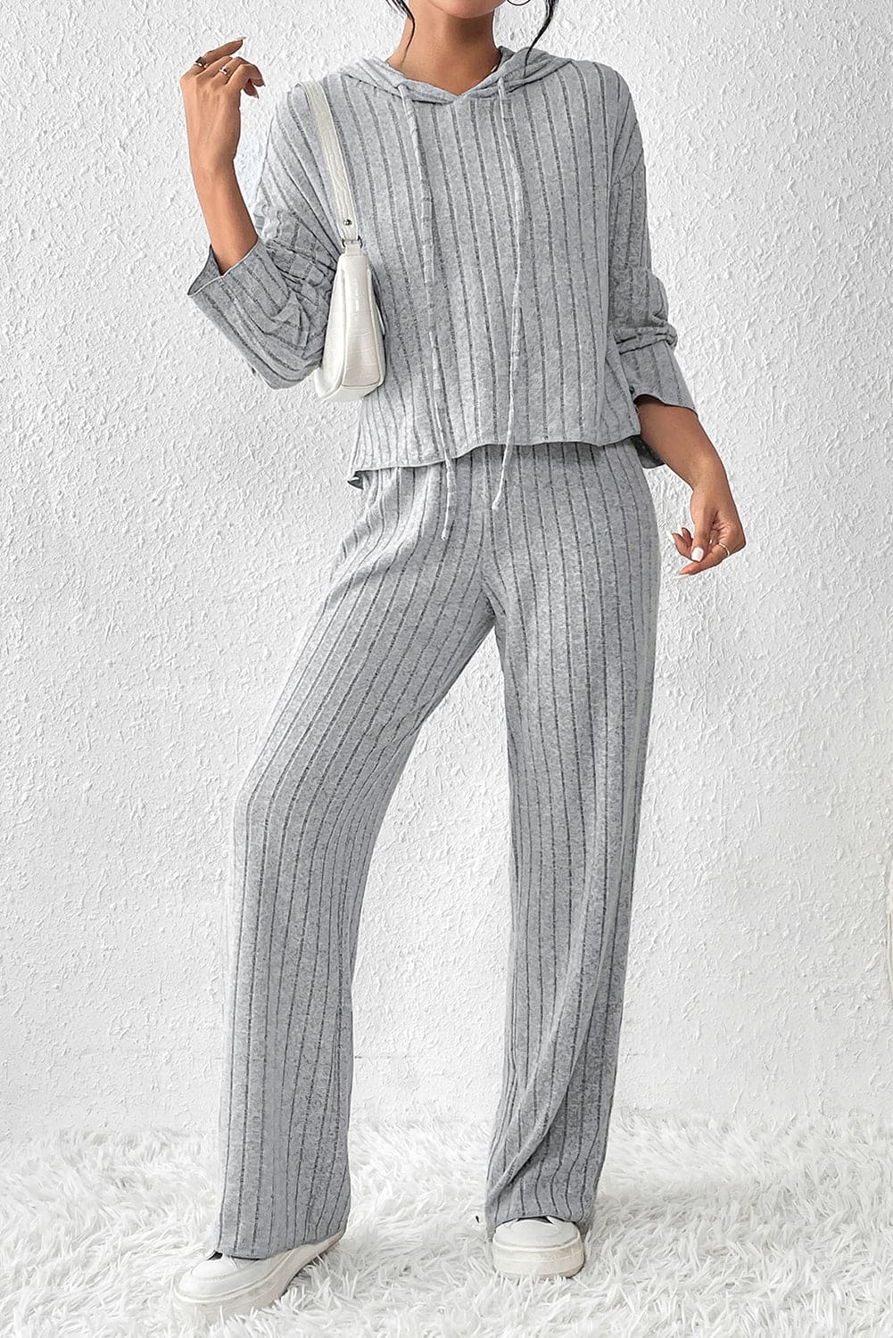 Gray Ribbed Knit Slouchy Hoodie Wide Leg Pants Set Gray 95%Polyester+5%Elastane Two Piece Sets by Fleurcouture | Fleurcouture