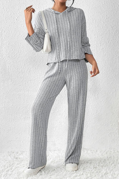 Gray Ribbed Knit Slouchy Hoodie Wide Leg Pants Set Gray 95%Polyester+5%Elastane Two Piece Sets by Fleurcouture | Fleurcouture
