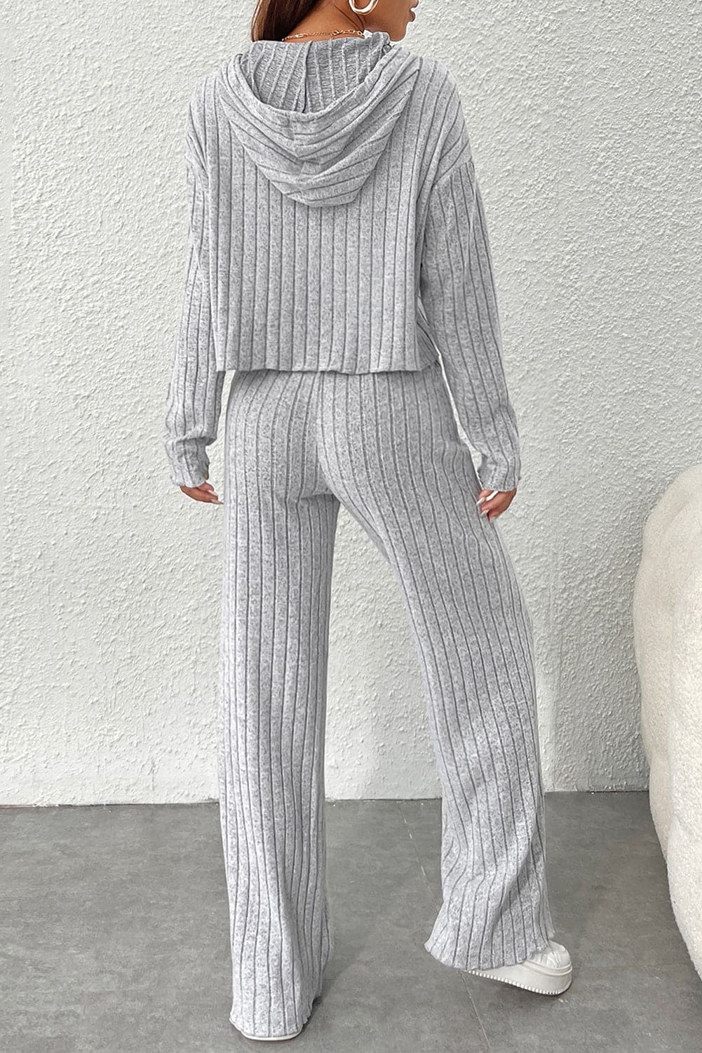 Gray Ribbed Knit Slouchy Hoodie Wide Leg Pants Set Gray 95%Polyester+5%Elastane Two Piece Sets by Fleurcouture | Fleurcouture