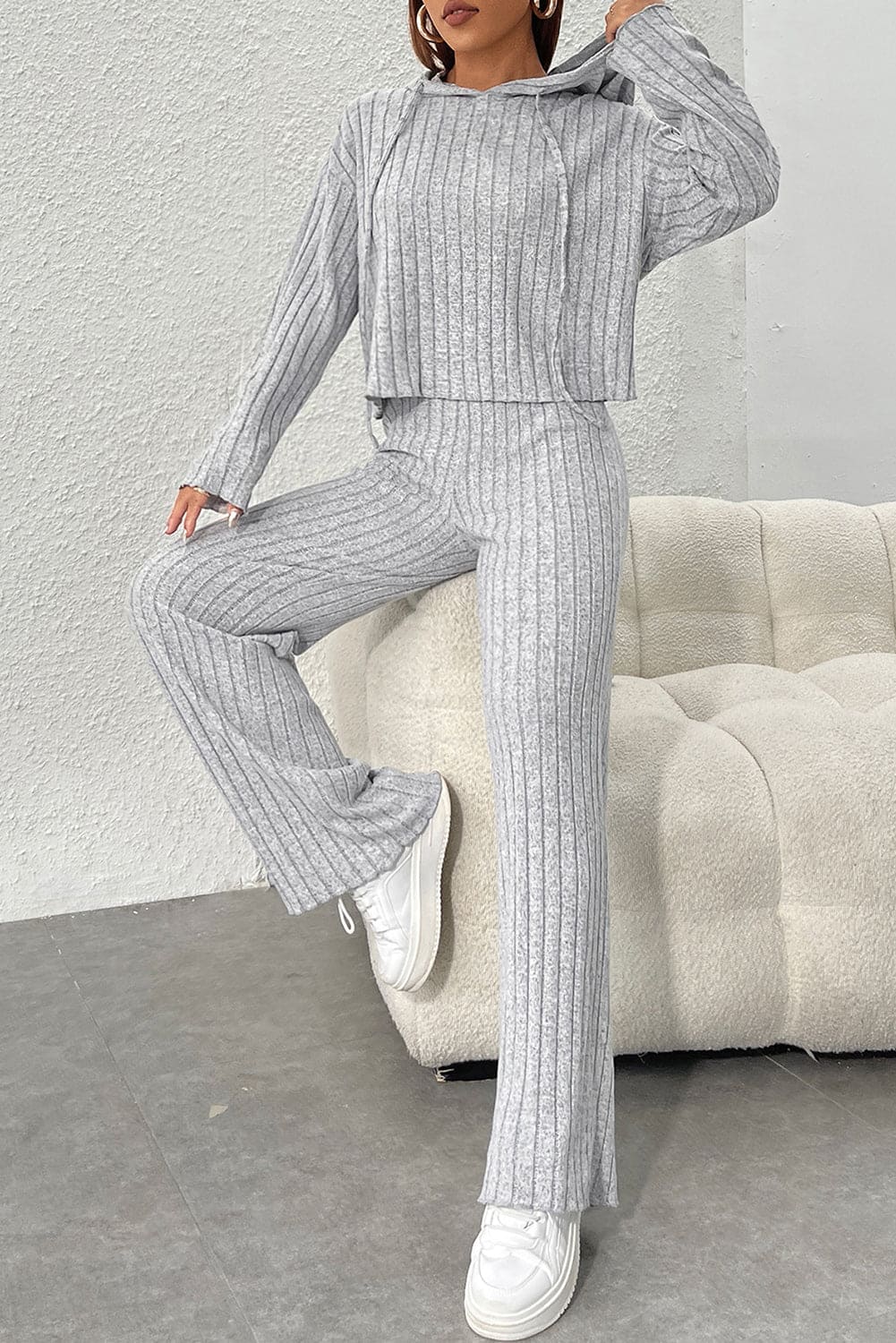 Gray Ribbed Knit Slouchy Hoodie Wide Leg Pants Set Gray 95%Polyester+5%Elastane Two Piece Sets by Fleurcouture | Fleurcouture