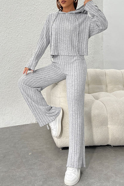 Gray Ribbed Knit Slouchy Hoodie Wide Leg Pants Set Gray 95%Polyester+5%Elastane Two Piece Sets by Fleurcouture | Fleurcouture
