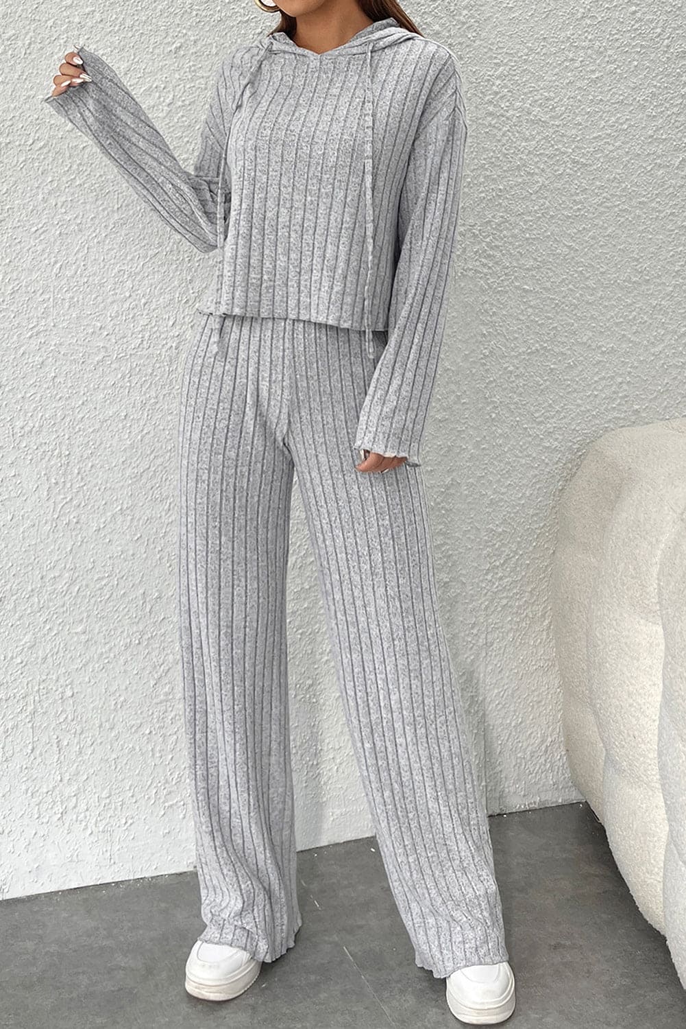 Gray Ribbed Knit Slouchy Hoodie Wide Leg Pants Set Gray 95%Polyester+5%Elastane Two Piece Sets by Fleurcouture | Fleurcouture