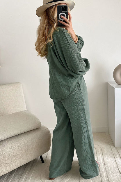 Green Crinkle Split Neck Top Loose Drawstring Pants Set Mist Green 100%Cotton Two Piece Sets by Fleurcouture | Fleurcouture