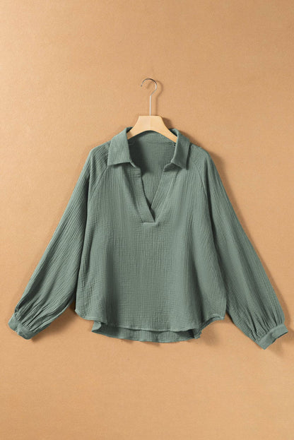 Green Crinkle Split Neck Top Loose Drawstring Pants Set Mist Green 100%Cotton Two Piece Sets by Fleurcouture | Fleurcouture