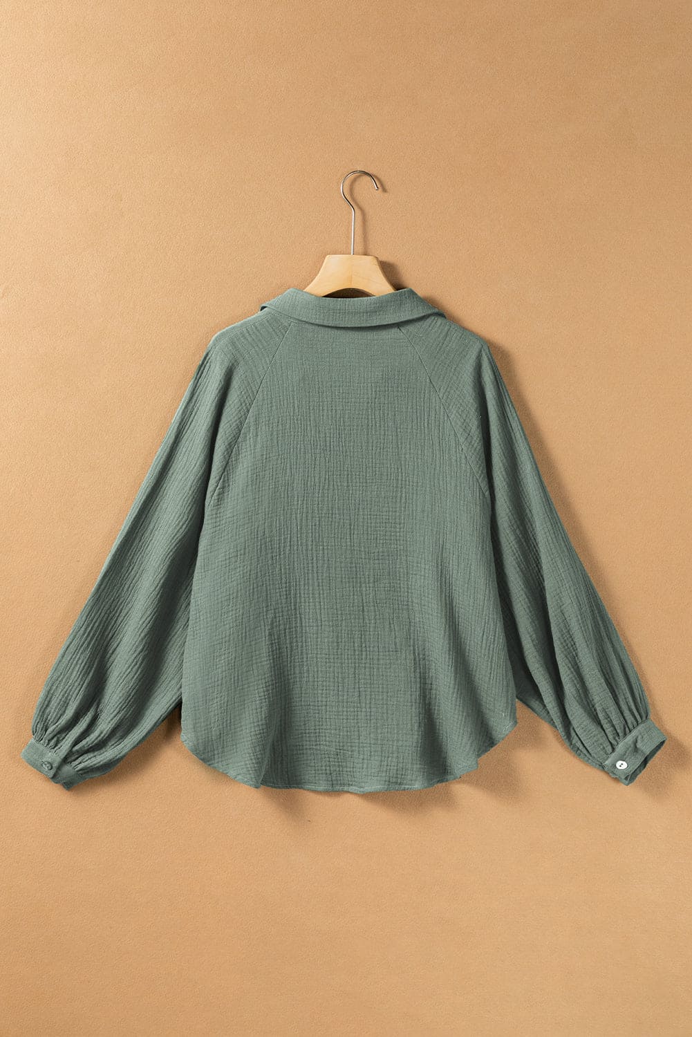 Green Crinkle Split Neck Top Loose Drawstring Pants Set Mist Green 100%Cotton Two Piece Sets by Fleurcouture | Fleurcouture