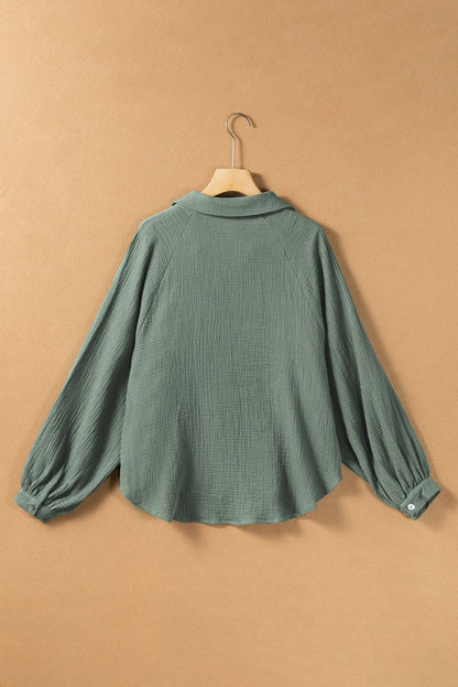 Green Crinkle Split Neck Top Loose Drawstring Pants Set Mist Green 100%Cotton Two Piece Sets by Fleurcouture | Fleurcouture