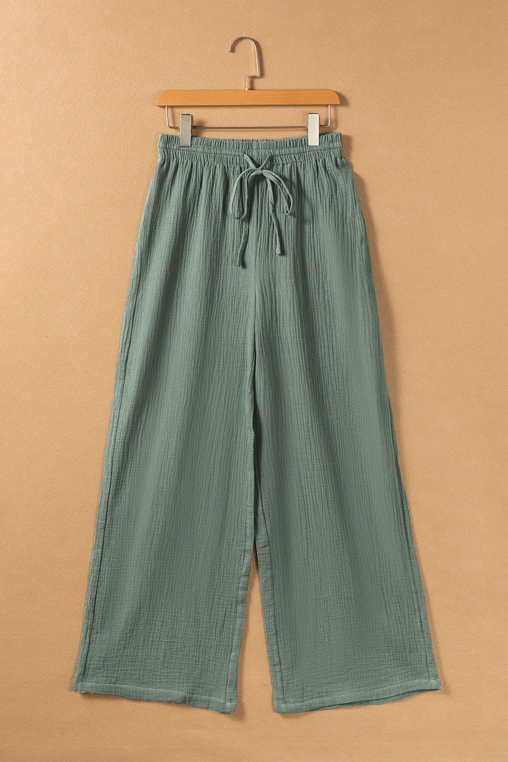 Green Crinkle Split Neck Top Loose Drawstring Pants Set Mist Green 100%Cotton Two Piece Sets by Fleurcouture | Fleurcouture