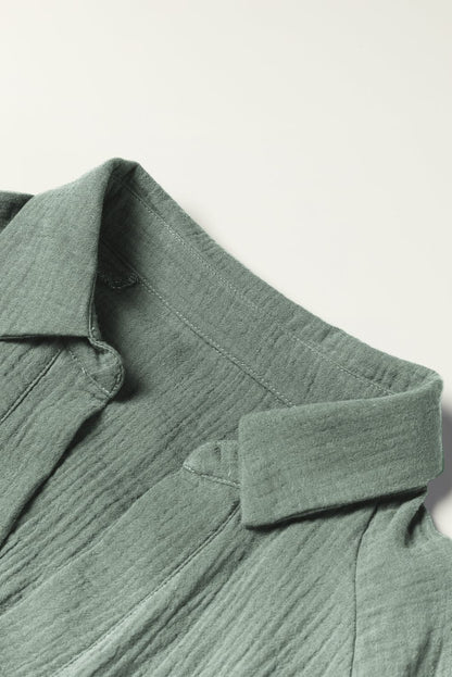 Green Crinkle Split Neck Top Loose Drawstring Pants Set Mist Green 100%Cotton Two Piece Sets by Fleurcouture | Fleurcouture