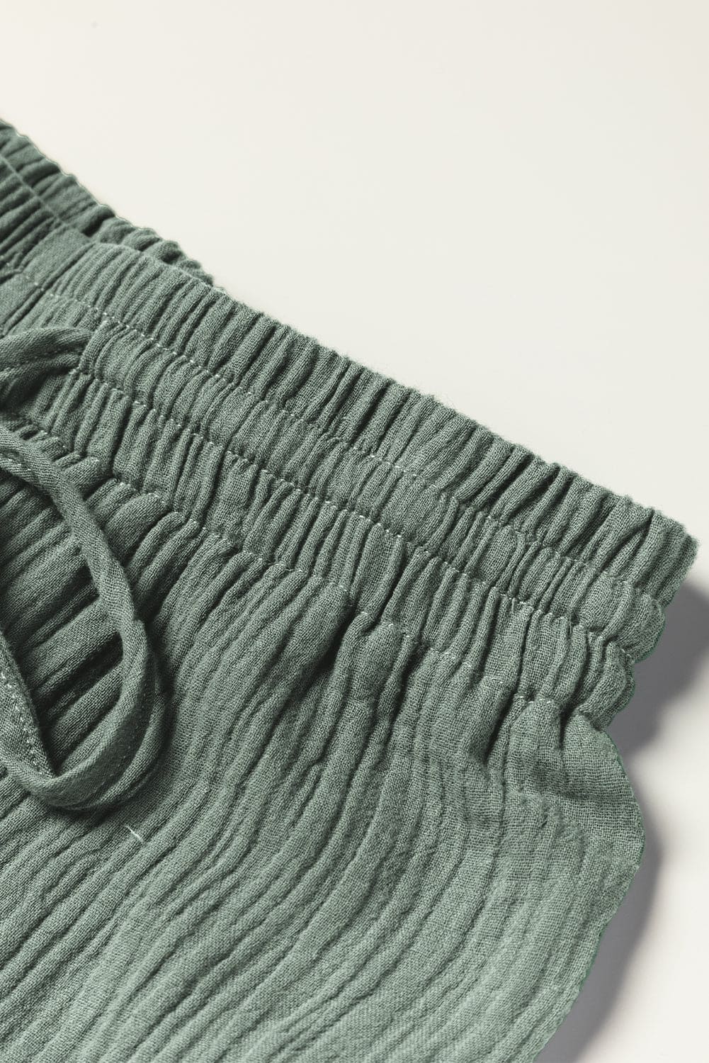 Green Crinkle Split Neck Top Loose Drawstring Pants Set Mist Green 100%Cotton Two Piece Sets by Fleurcouture | Fleurcouture