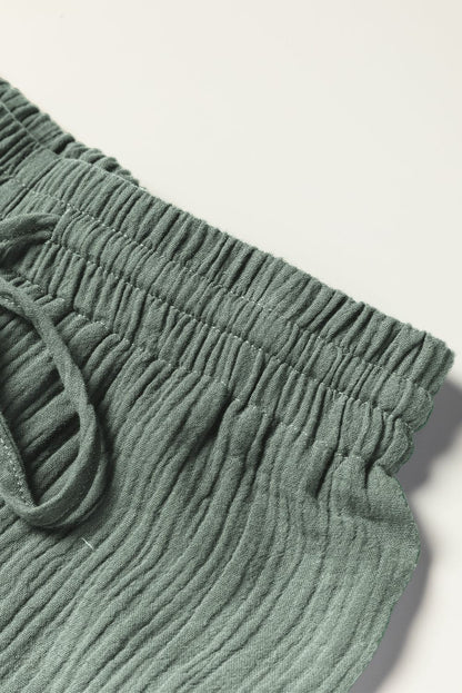 Green Crinkle Split Neck Top Loose Drawstring Pants Set Mist Green 100%Cotton Two Piece Sets by Fleurcouture | Fleurcouture