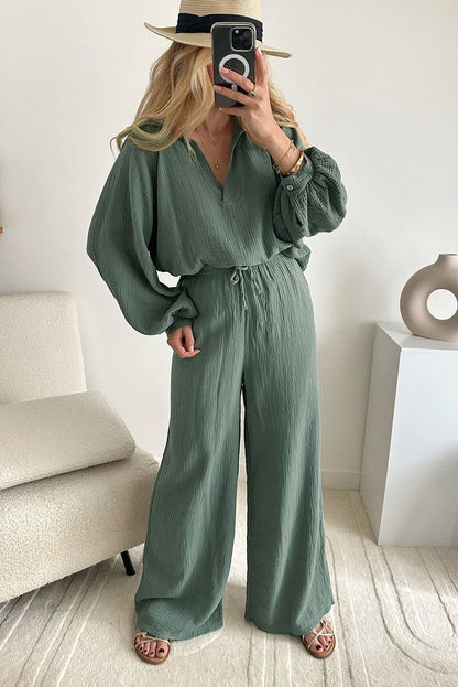 Green Crinkle Split Neck Top Loose Drawstring Pants Set Mist Green 100%Cotton Two Piece Sets by Fleurcouture | Fleurcouture