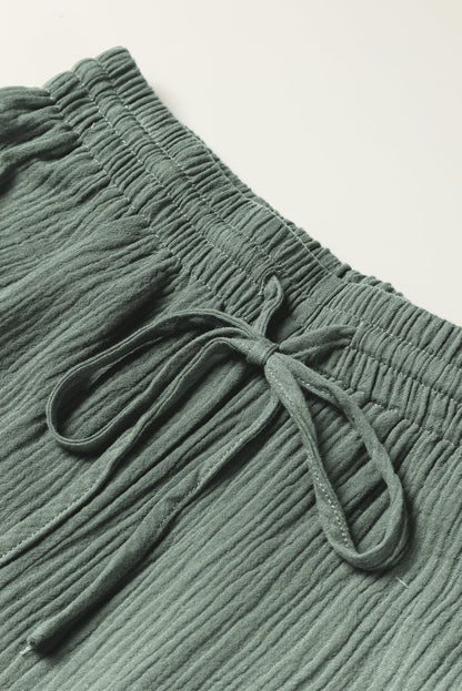 Green Crinkle Split Neck Top Loose Drawstring Pants Set Mist Green 100%Cotton Two Piece Sets by Fleurcouture | Fleurcouture