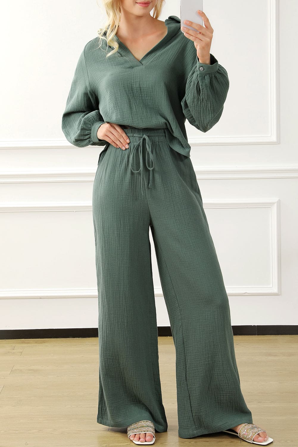 Green Crinkle Split Neck Top Loose Drawstring Pants Set Mist Green 100%Cotton Two Piece Sets by Fleurcouture | Fleurcouture