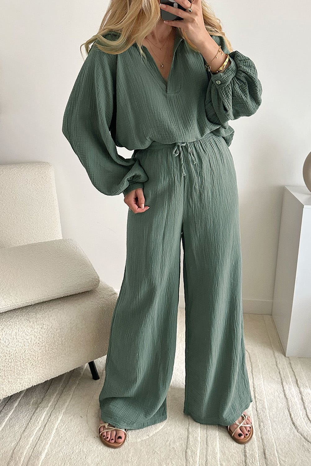 Green Crinkle Split Neck Top Loose Drawstring Pants Set Mist Green S 100%Cotton Two Piece Sets by Fleurcouture | Fleurcouture