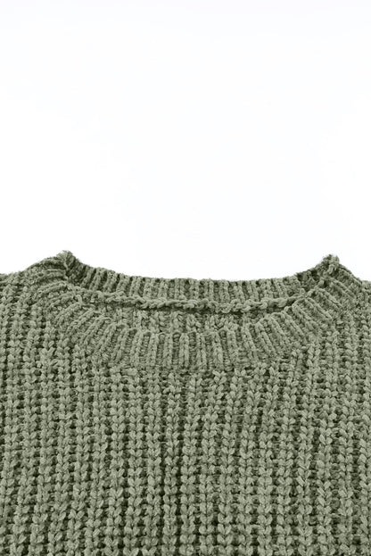 Green Long Sleeve Round Hem Cable Knit Sweater Green 100%Polyester Sweater by Fleurcouture | Fleurcouture