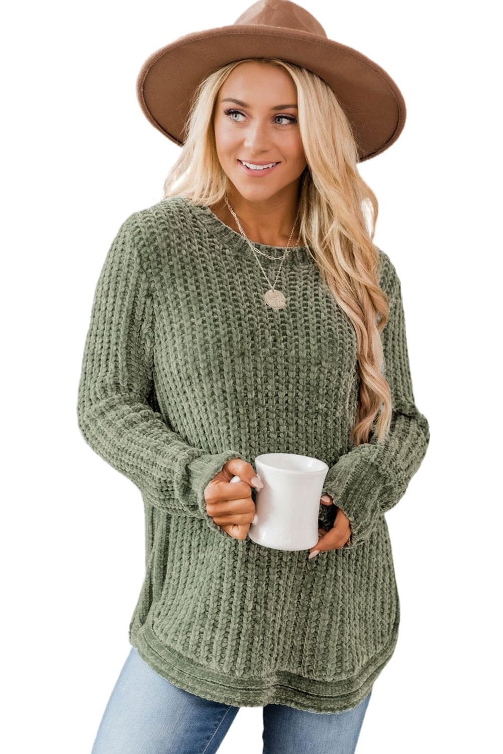 Green Long Sleeve Round Hem Cable Knit Sweater Green 100%Polyester Sweater by Fleurcouture | Fleurcouture