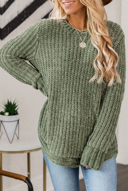 Green Long Sleeve Round Hem Cable Knit Sweater Green 100%Polyester Sweater by Fleurcouture | Fleurcouture