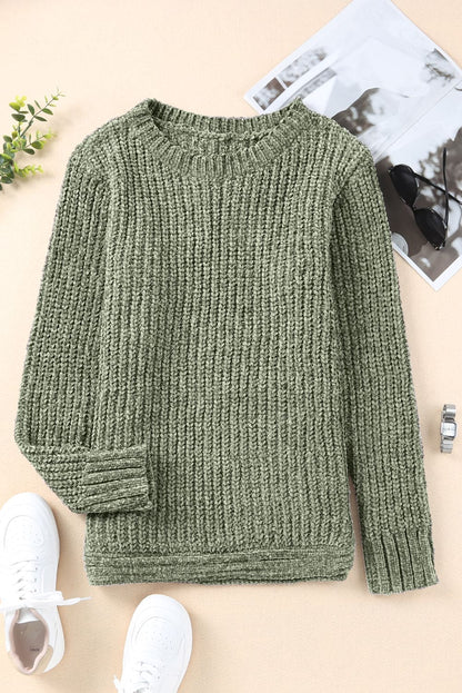 Green Long Sleeve Round Hem Cable Knit Sweater Green 100%Polyester Sweater by Fleurcouture | Fleurcouture