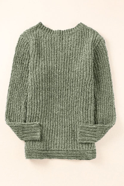 Green Long Sleeve Round Hem Cable Knit Sweater Green 100%Polyester Sweater by Fleurcouture | Fleurcouture