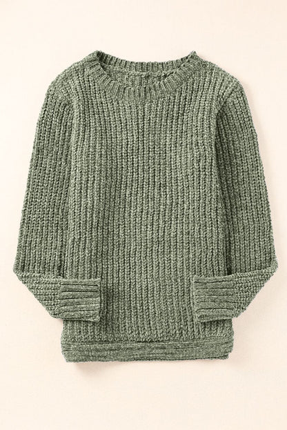 Green Long Sleeve Round Hem Cable Knit Sweater Green 100%Polyester Sweater by Fleurcouture | Fleurcouture