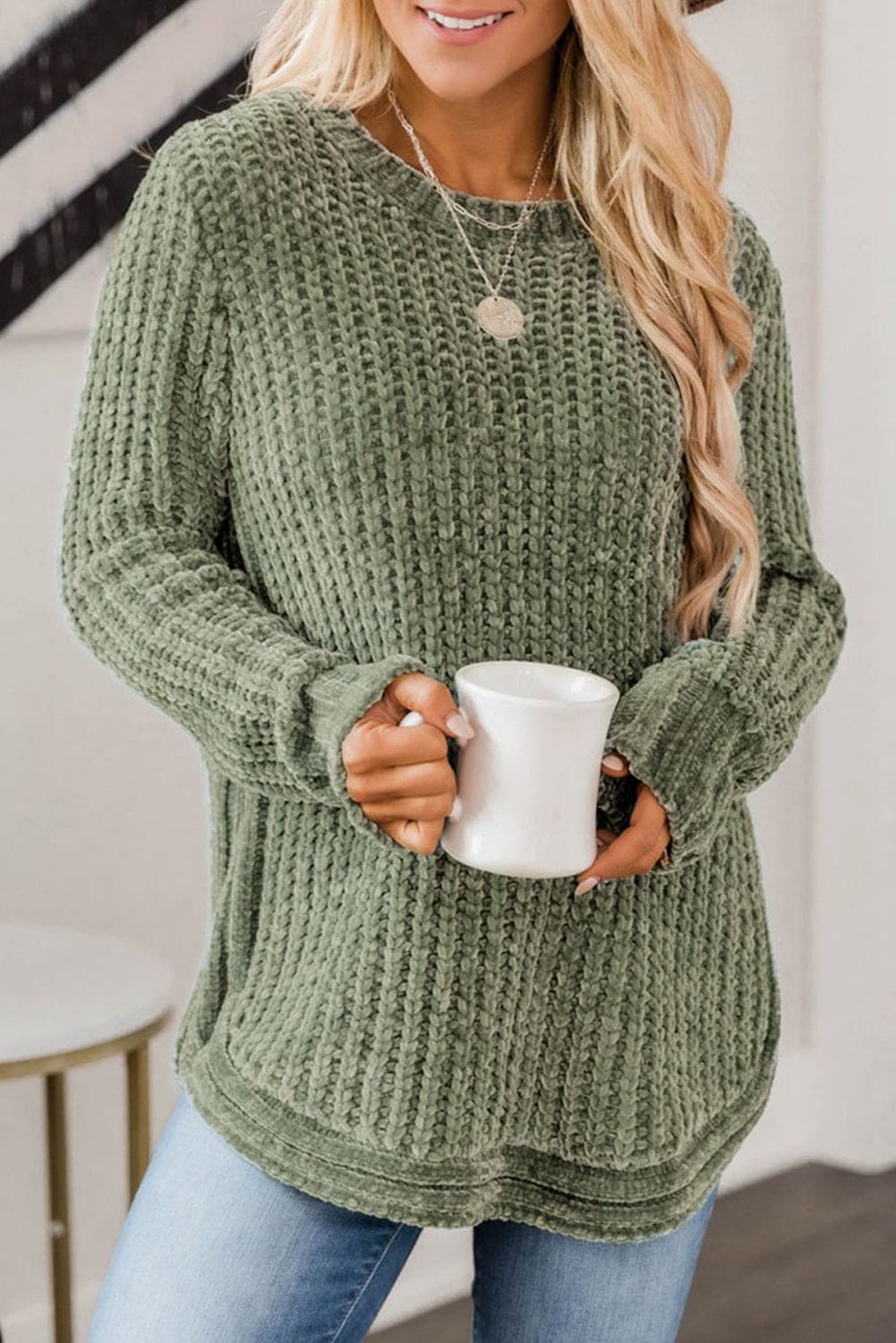 Green Long Sleeve Round Hem Cable Knit Sweater Green S 100%Polyester Sweater by Fleurcouture | Fleurcouture