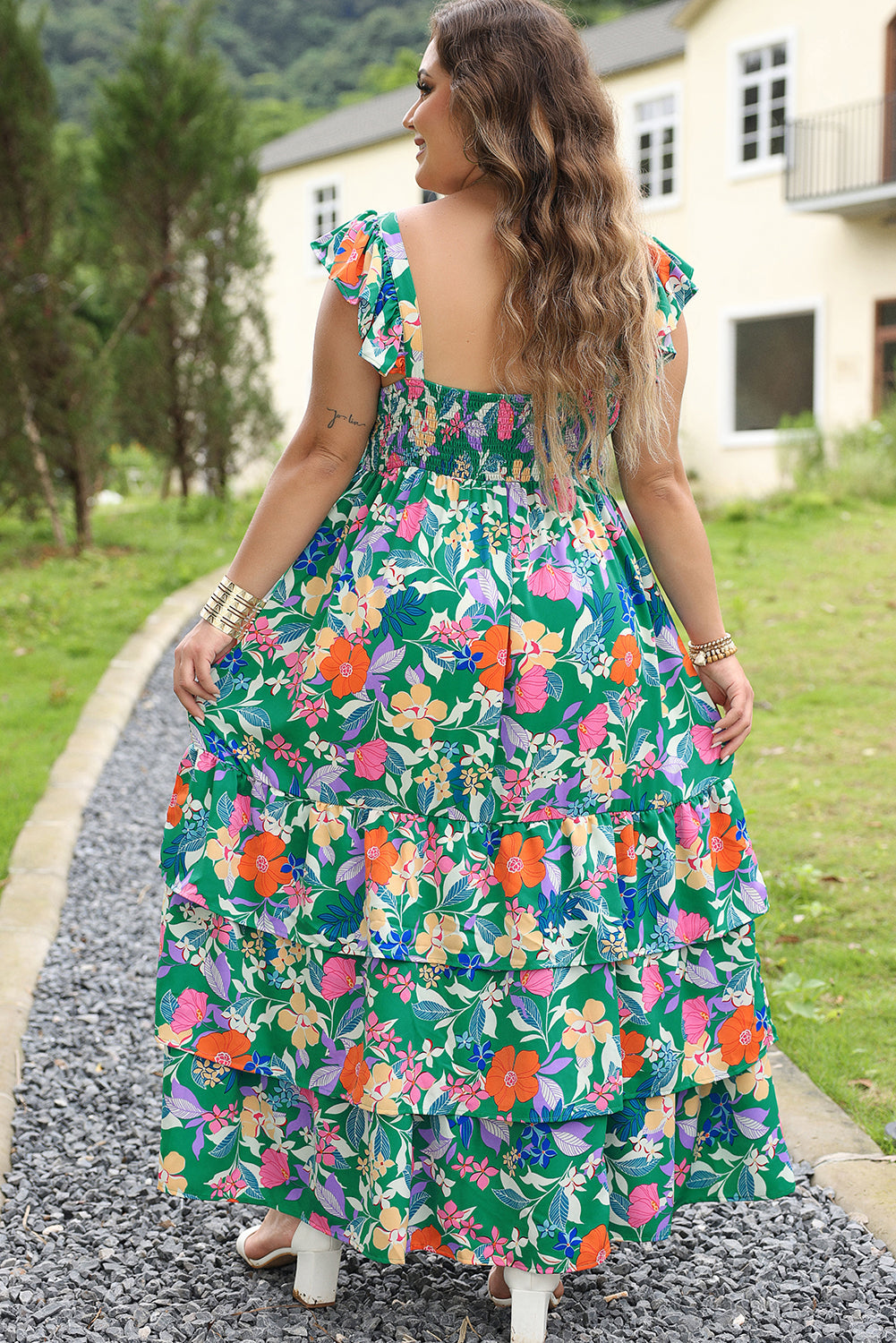 Green Plus Size Floral Smocked Back Tiered Maxi Dress Green 100%Polyester Plus Size/Plus Size Dresses/Plus Size Maxi Dresses by Fleurcouture | Fleurcouture