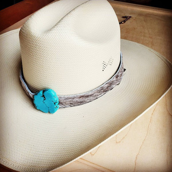 Hair-on-Hide Leather Hat Band w/ Turquoise Slab blue 1 by The Jewelry Junkie | Fleurcouture