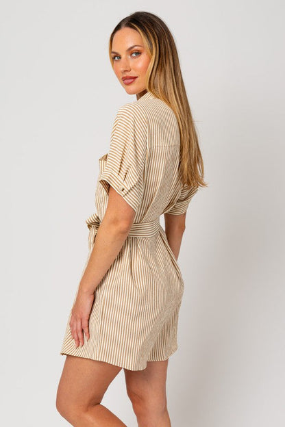 Half Sleeve Button Down Shirt Dress CREAM-TAUPE STRIPE by Gilli | Fleurcouture