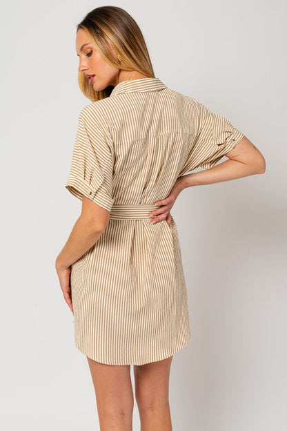 Half Sleeve Button Down Shirt Dress CREAM-TAUPE STRIPE by Gilli | Fleurcouture