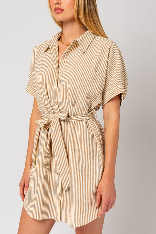 Half Sleeve Button Down Shirt Dress CREAM-TAUPE STRIPE by Gilli | Fleurcouture