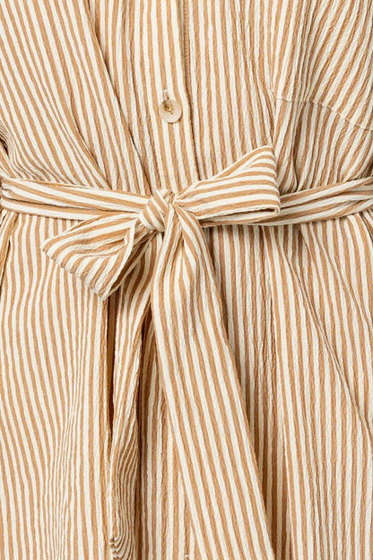 Half Sleeve Button Down Shirt Dress CREAM-TAUPE STRIPE by Gilli | Fleurcouture