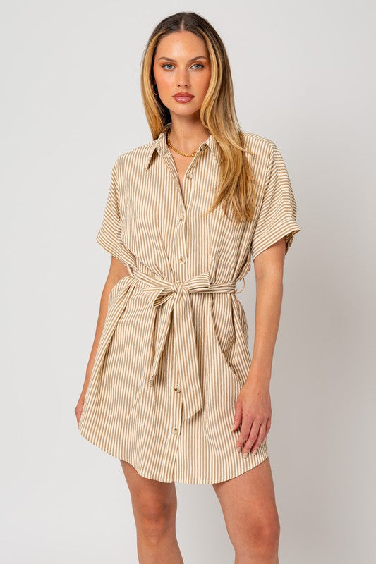 Half Sleeve Button Down Shirt Dress CREAM-TAUPE STRIPE S by Gilli | Fleurcouture