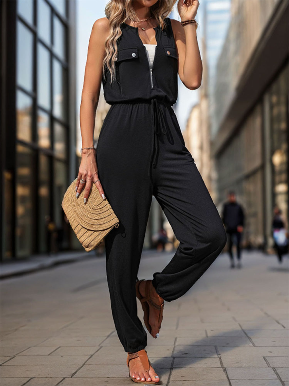 Half Zip Sleeveless Jumpsuit with Pockets Black Jumpsuits by Trendsi | Fleurcouture