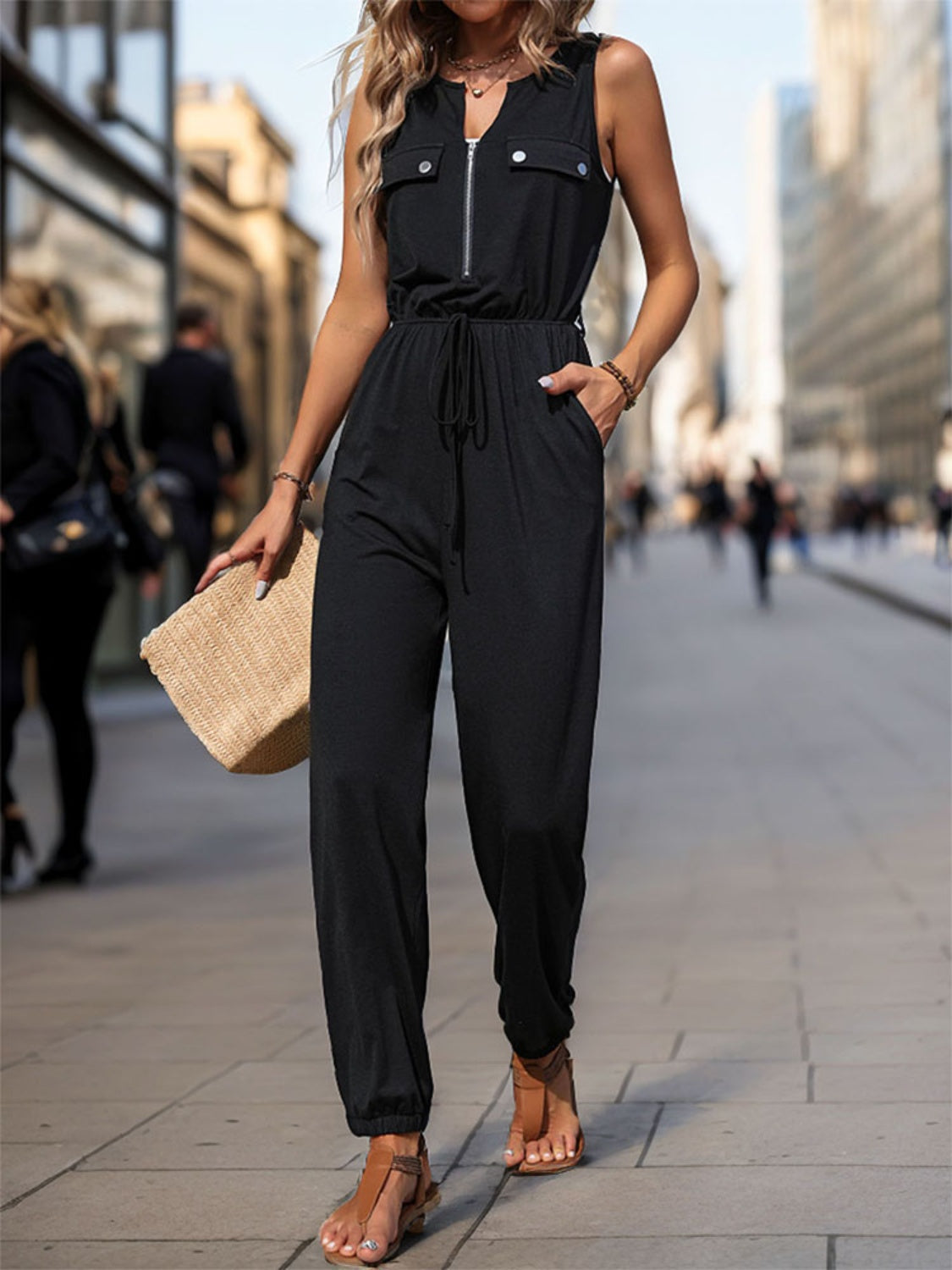 Half Zip Sleeveless Jumpsuit with Pockets Black Jumpsuits by Trendsi | Fleurcouture